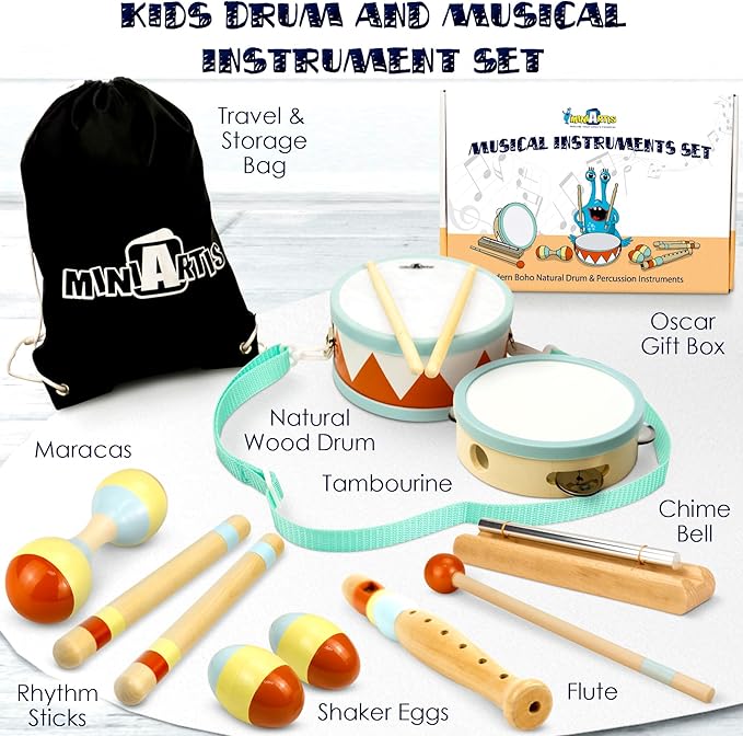 MINIARTIS Toddler Musical Instruments - Montessori Wooden Musical Toys for Toddlers 1-3 | Modern Boho Baby Drum Set with Neutral Colors Percussion Instruments | Kids Preschool Educational