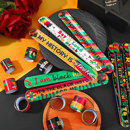 JUNEBRUSHS 56Pcs Black History Month Slap Bracelets, Black History Month Wristbands Bracelets Bulk for Kids Adult Black History Month Party Favors Accessories Gifts Decorations