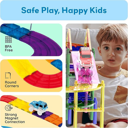 PicassoTiles 100 PCs Race Car Track Set Magnetic Toy Building Block with 2 LED Cars with Height Adjustable Roads Signs Education STEM Building Kit Learning Construction Fun for Boys & Girls Ages 3+