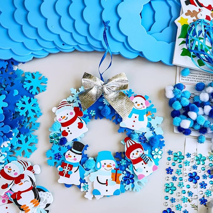 Winlyn 12 Sets Christmas Craft Kits Winter Crafts DIY Christmas Snowflake Wreath Ornaments Decorations Art Sets Snowman Santa Christmas Foam Stickers Arts and Crafts for Kids Classroom Art Activities