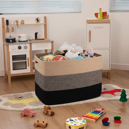 OIAHOMY 108L Super Large Blanket Basket, 25”x16”x16” Rectangle Woven Baskets for Storage, Cotton Rope Basket For Living Room, Toy Storage with Handle- Yellow and Black