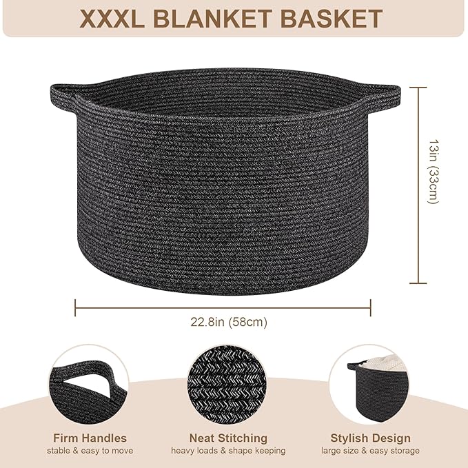 OIASKET Large Woven Baskets for Storage, 22.8" x 22.8" x 13" Blanket Storage Living Room, Baby Toy Basket for Clothes, Pillows, Towels, Shoe Basket for Entryway (Black)