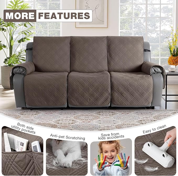 TAOCOCO 100% Waterproof Recliner Sofa Cover, Non Slip Split Couch Covers for Reclining Couches with Elastic Straps, Washable Reclining Sofa Cover Furniture Protector for Kids Pets(3 Seater, Taupe)
