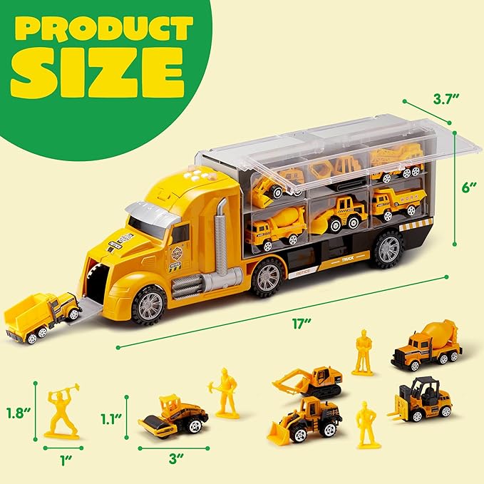 JOYIN 25-in-1 Construction Truck Toy Set with 12 Vehicles & 12 Worker Figures, Push and Go Toy Trucks with Sound and Light, Construction Toys Easter Basket Birthday Gifts for Kids 3 4 5 6 7 Years Old