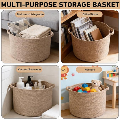 90L Large Blanket Basket,21.7"L x 21.7"W x 13.8"H Rope Woven Baskets with Handles,Brown Storage Bins,Laundry Basket Perfect for Living Room, Nursery,Bedroom,Home Organization