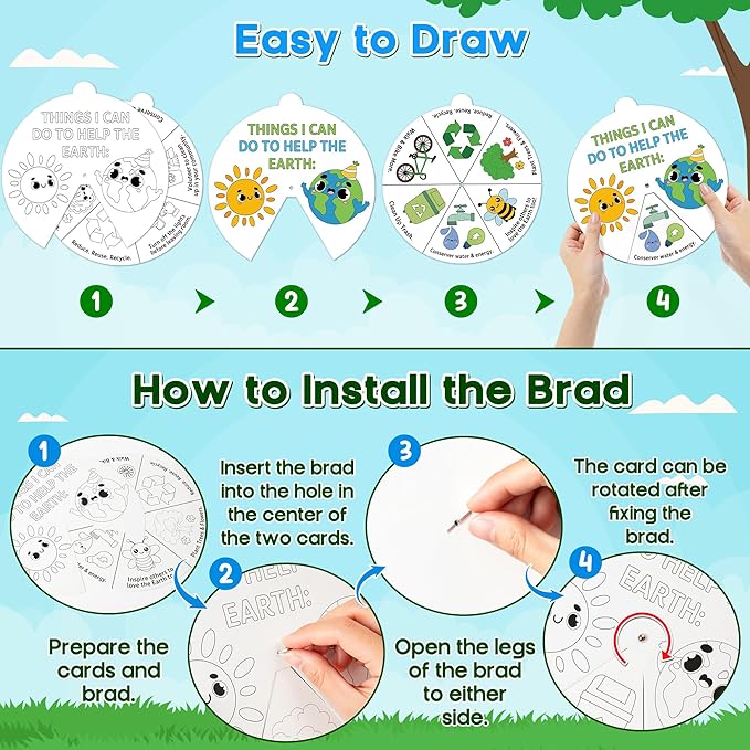 COcnny Earth Day Coloring Craft- 24 Sets Color Your Own Globe Art Craft DIY Wheel Cards for Kids, Save The Earth Eco Natural Spining Paper Craft Art for Sunday School Home Class Preschool Activities