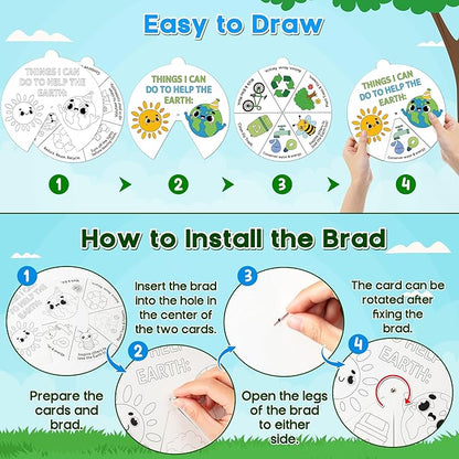 COcnny Earth Day Coloring Craft- 24 Sets Color Your Own Globe Art Craft DIY Wheel Cards for Kids, Save The Earth Eco Natural Spining Paper Craft Art for Sunday School Home Class Preschool Activities