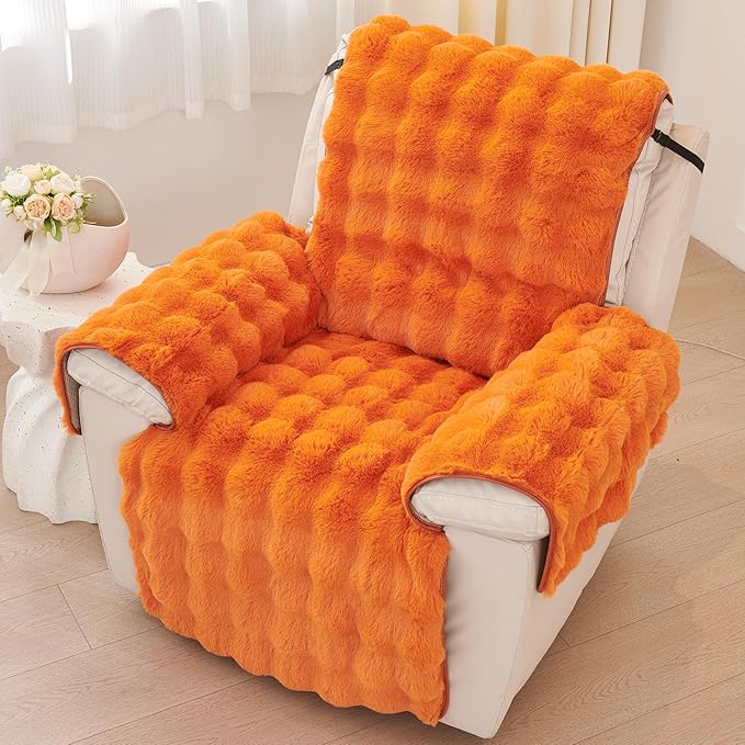 vctops Faux Fur Fluffy Recliner Chair Slipcover Faux Rabbit Fur Non Slip Sofa Cover Super Soft Plush Thick Couch Cover Furniture Protector with Elastic Straps for Kids, Dogs, Pets(Orange,24")