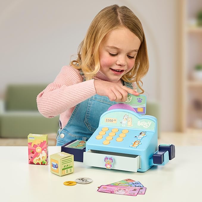 Bluey Cash Register. Press The Buttons to Hear Beeps, Sounds and Phrases from Bluey and Bingo |Use The Scanner to Scan Packages and Pretend to Run a Shop | Includes Toy Credit Card and Dollar Bucks!