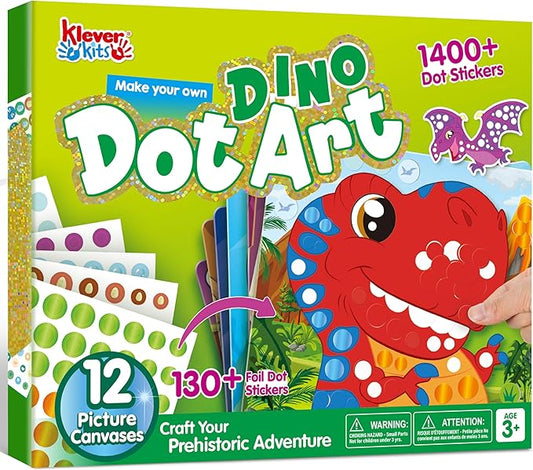 Klever Kits Dot Art Kit for Kids, No Mess Sticker for Toddler 3-7, Craft Kits, DIY Creative Activity, Travel Toy, Birthday Gifts for Boys Girls (Dinosaur)