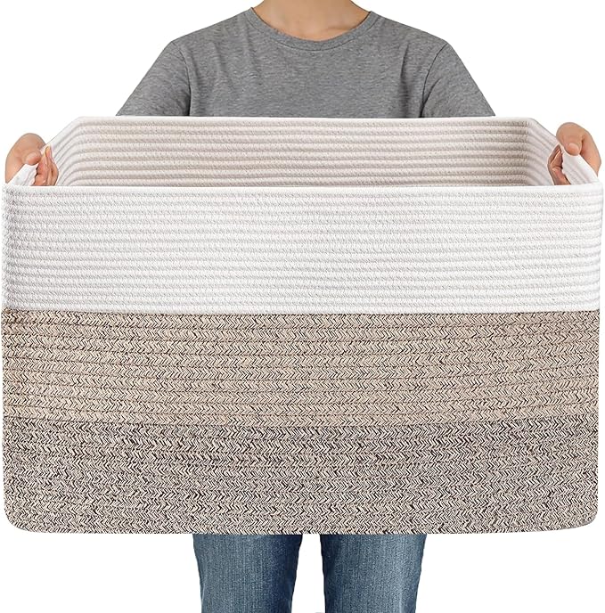 JMvicyroam Woven Blanket Basket,65L Large Storage Bin for Blankets Toys Clothes,Decorative Rope Basket for Living Room Bedroom with Handles, White&Brown