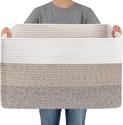 JMvicyroam Woven Blanket Basket,96L Large Storage Bin for Blankets Toys Clothes,Decorative Rope Basket for Living Room Bedroom with Handles, White&Brown