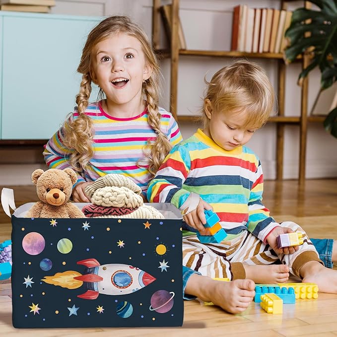 Rocket Storage Basket with Handles, Rockets Foldable Space Organizer, Waterproof Toy Box for Boys Girls, Multi Storage Container for Nursery Room, Rocket Storage for Clothes, Gifts and Home Decor