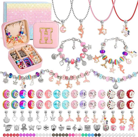 LifeisLuck Charm Bracelet Making Kit - 110 Pcs Girls Beads Jewelry Making Kit, Unicorn & Mermaid Crafts Toys Kids Birthday Gifts for Little Girls Ages 8-12, with H Initial Personalized Bracelet Case