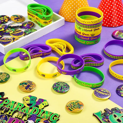 60 Pcs Mardi Gras Party Favors Includes 30 Mardi Gras Rubber Bracelets Silicone Wristbands and 30 Button Pins Badges for Carnival Birthday Party Supplies Decorations Goodie Bag Stuffers Fillers