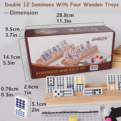 Smilejoy Mexican Train Dominoes Set with Colorful Dot- Double 12 Dominos Set for Adults-Classical Board Game for Elderly, 4 Wooden Rack,91 Tiles, 9 Plastic Trains, Octagon Hub (2-8 Player)
