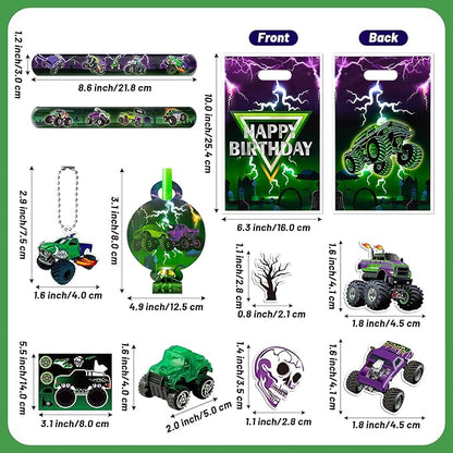 Haooryx Green Purple Monster Truck Party Favor - 122Pcs Monster Truck Slap Bracelets Sticker Blowouts Noisemakers Mini Vehicles Car Toy Keychain with Gift Bag for Kids Birthday Party Goodie Bag Supply