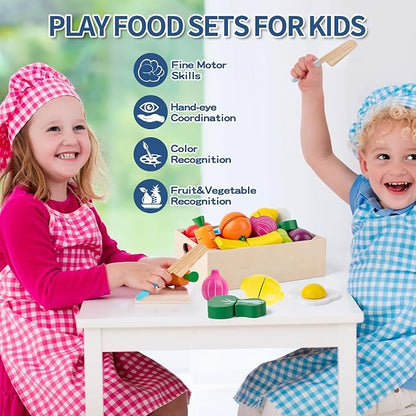 32 Pcs Wooden Play Food Sets for Kids Kitchen Accessories, Montessori Educational Toys Food, Pretend Play Food for Toddlers, Velcro Fruits and Vegetables Cutting Set for Kids Boys Girls