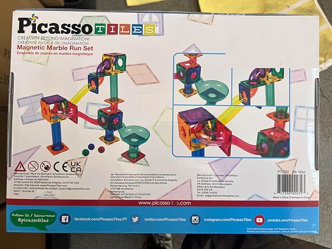 PicassoTiles 50pcs Magnetic Tiles Marble Run for Kids Race Track Toy Marble Maze Sensory Toys for Toddlers STEM Educational Set Magnet Building Blocks Construction Building Tiles Boys Girls 3+ PTG50