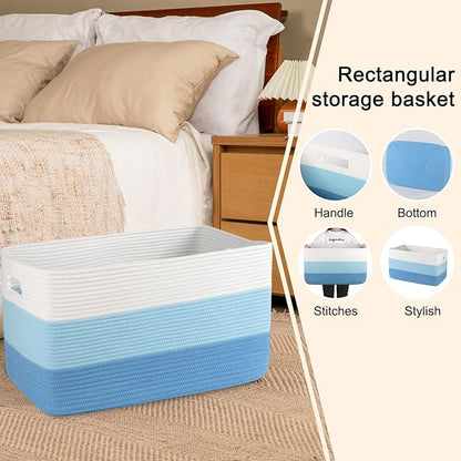 OIAHOMY Large Blanket Basket, 22”x17”x12” Rectangle Woven Baskets, Nursery Blanket Storage Living Room, Toy Storage With Handle, Large Baskets for Organizing-Gradient Light Blue