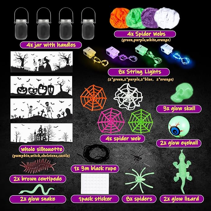Halloween Craft Kit for Kids, 4 pcs Glass Mason Jar with Accessories for DIY Lantern Jar, Halloween Art & Craft Party Supplies, Halloween Art Activities,Halloween Craft and Art Party Supplies