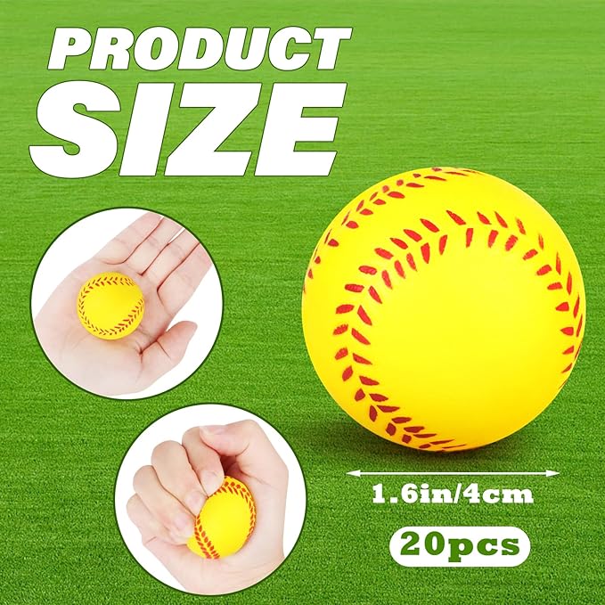 Hxezoc 20 Pieces Mini Softball Stress Balls, Baseball Foam Sports Balls Small Squeeze Anxiety Bulk Toy Ball for Kids Baseball Birthday Party, School Carnival Party Supplies (Yellow)