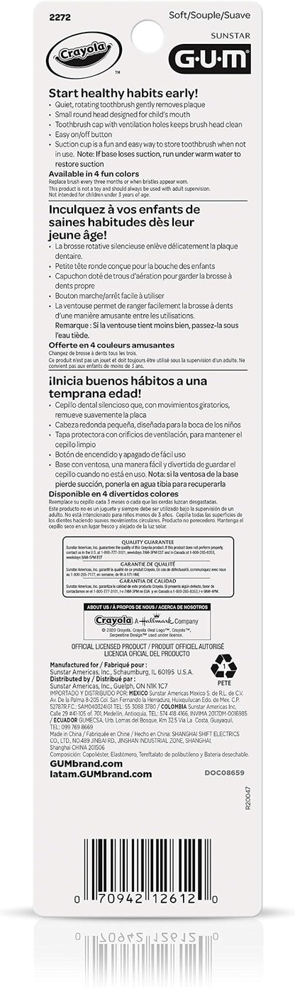 GUM Crayola Power Toothbrush for Kids, Extra Soft Bristled Toddler Toothbrushes, Travel Cap + Suction Cup Base, Batteries Included, 1ct