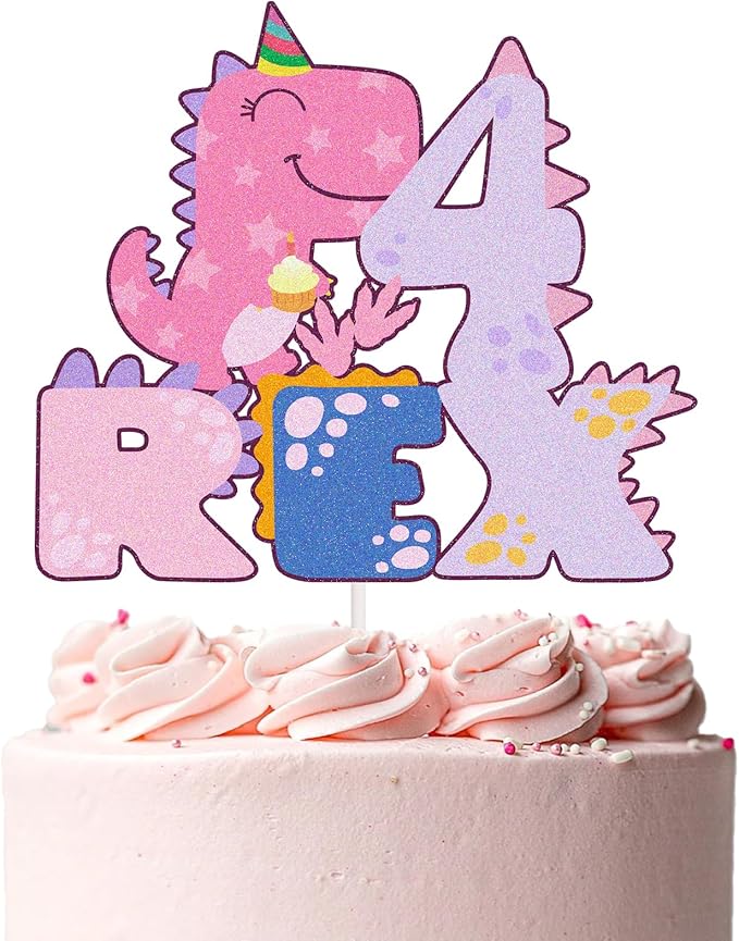 Pink Dinosaur Cake Toppers,Dinosaur 4 Rex Cake Topper, Four Rex Birthday Decorations for Girl Dinosaur 4 Years Old Birthday Party Supplies