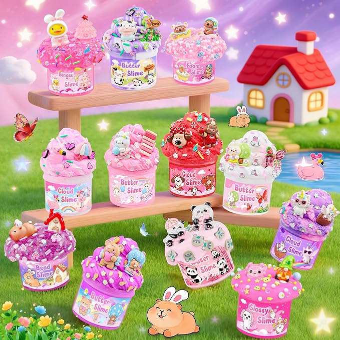 12 Pack Slimes, Pink Slime Kids, Clear Butter Cloud Slime kit for Girls Ages 8-12, for Kids Slime Party Favors Goodie Bag Easter Basket Stuffers, 4 5 6 7 8 9 10 Year Old Girl Birthday Gift Cute Stuff