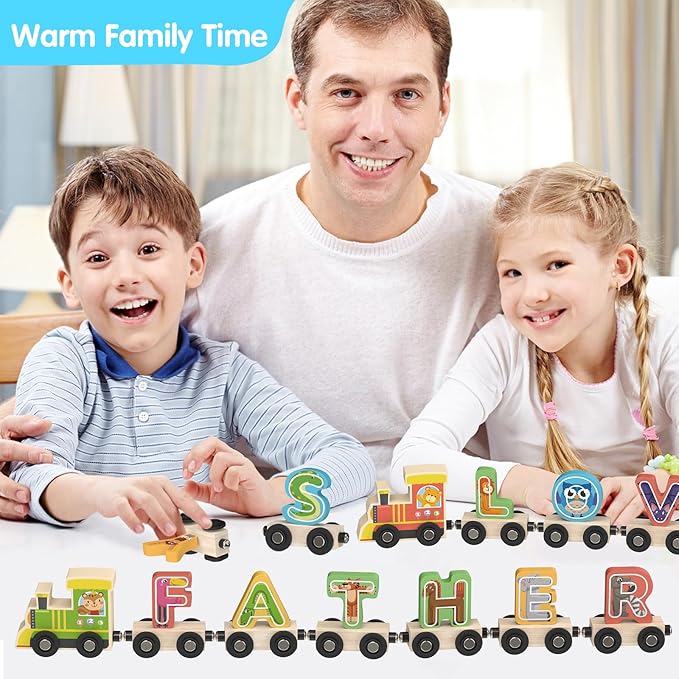 Wooden Alphabet Train Toys Spelling Tool Preschool Toddlers Montessori Educational Game Letter Car Magnetic for Kids Boys Girls 2 3 4 5 Years