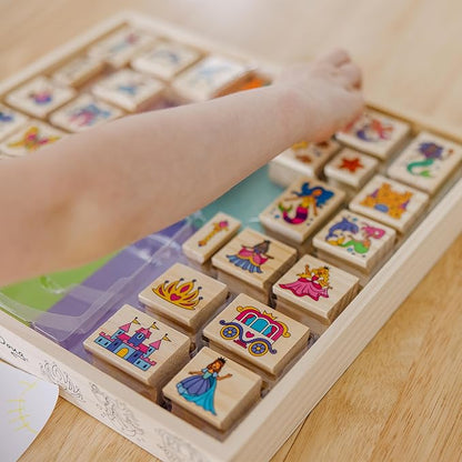 Melissa & Doug Deluxe Wooden Stamp and Coloring Set – Fairy Tale (30 Stamps, 6 Markers, 2 Durable 2-Color Pads) - Fairy Tale-Themed Stamps For Kids Activity Set