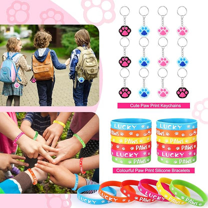 Gejoy 178 Pcs Dog Paw Party Favors Set Includes Paw Straws Cups Silicone Bracelet Keychain Stamper Sticker Pendant Chain Thank You Tag for Boy Girl Dog Theme Party Supplies(Dog Paw)