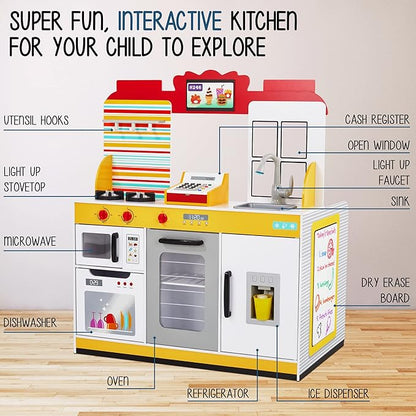 Lil' Jumbl Double-Sided Restaurant Playset for Kids, Wooden Pretend Diner Set, Kitchen Set with Cash Register, Burners, Faucet & Dispenser are Battery Operated and Make Realistic Sound & Light