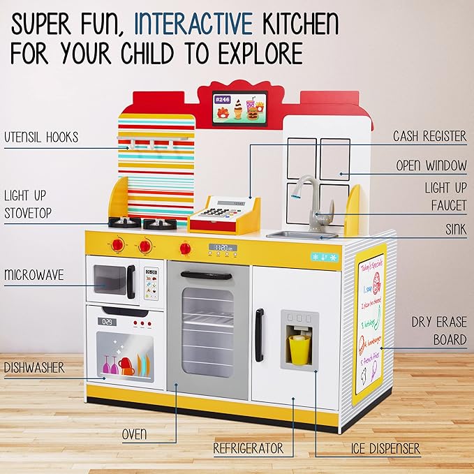 Lil' Jumbl Double-Sided Restaurant Playset for Kids, Wooden Pretend Diner Set, Kitchen Set with Cash Register, Burners, Faucet & Dispenser are Battery Operated and Make Realistic Sound & Light