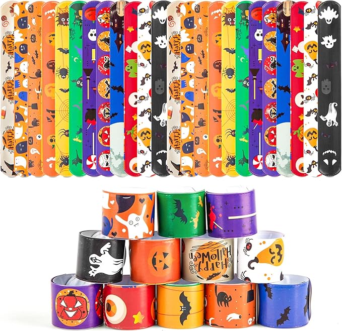 LovesTown Halloween Slap Bracelets, 48PCS Kids Slap Wristbands Snap Bracelets Ghost Jack o Lantern Bat Spider for Halloween Party Goodie Bag Fillers