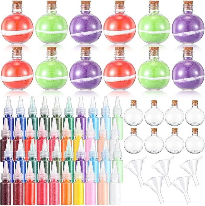 65 Pcs Plastic Sand Art Bottles with Corks Include 20pcs 3.4oz Sand Art Bottles, 40 Colored Art Sand, 5 Plastic Funnels Plastic Clear Containers for Sand Art Fun Arts Crafts Supplies (Round)