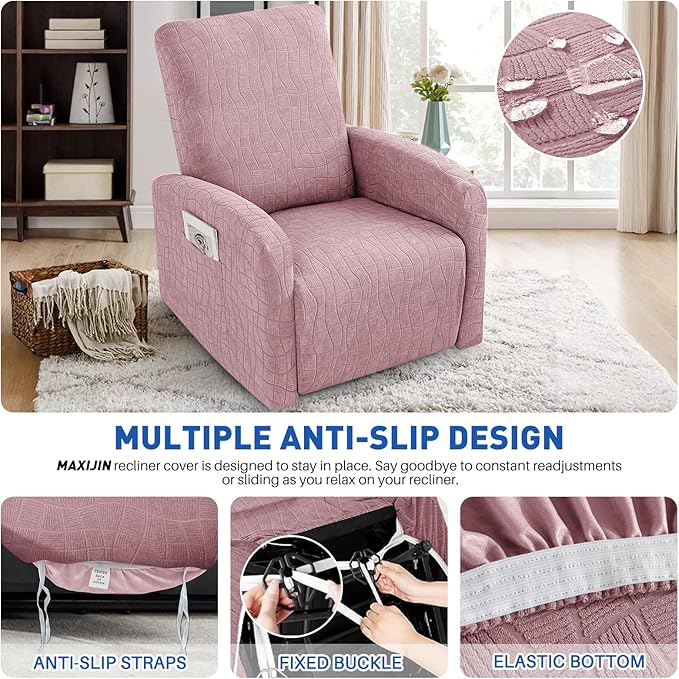 MAXIJIN Waterproof Small Recliner Chair Covers 3 Pieces Recliner Cover That Stay in Place, Lazy Boy Recliner Slipcovers with Pockets Reclining Protector for Pet (Small Recliner, Dusty Pink)