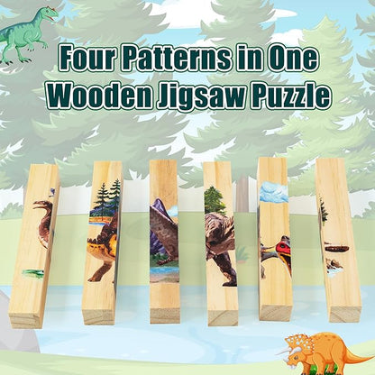 CJiangpo Wooden Dinosaur Chunky Puzzles - 4 in 1 Woodland Dinosaur Puzzle Blocks Sensory Toys for Toddlers 2+ Years, Realistic Animals Building Block Stacking Educational Toy Game for Boy Girl