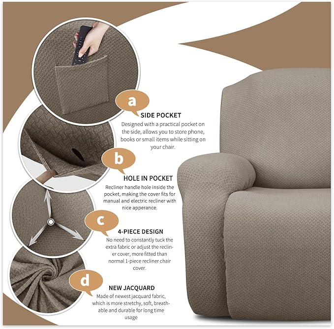 JIVINER 8-Piece Recliner Sofa Covers Stretch Jacquard Couch Covers for Recliner Slipcovers for Living Room 3 Cushion Soft Recliner Protector with Pocket (Sofa Recliner, Khaki)
