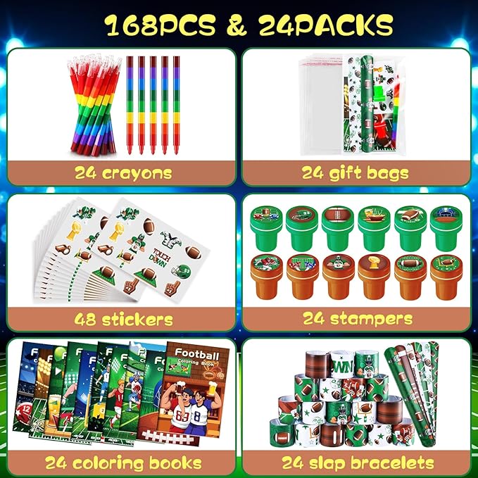 BenLouis 168Pcs Football Party Favors Sports Football Theme Birthday Party Favors Coloring Books Bulk for Kids Super Football Bowl Party Team Gift Goodie Bag Fillers Classroom games Rewards Supplies