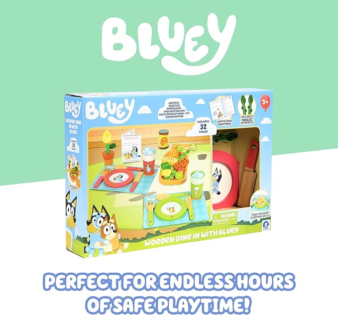 Bluey Toy Fruits and Vegetables for Toddlers, 32-Piece Pretend Food with Plates, Utensils, Baby Play Food & Wooden Toy Fun