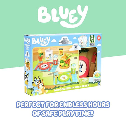 Bluey Toy Fruits and Vegetables for Toddlers, 32-Piece Pretend Food with Plates, Utensils, Baby Play Food & Wooden Toy Fun