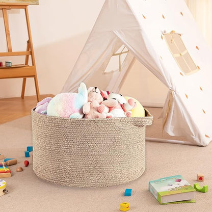 OIAHOMY 90L Blanket Basket for Living Room, Large Basket 23" x 23" x 13" with Handle, Laundry Hamper for Blankets, Pillows, Toy Storage for Kids, Dogs - Brown
