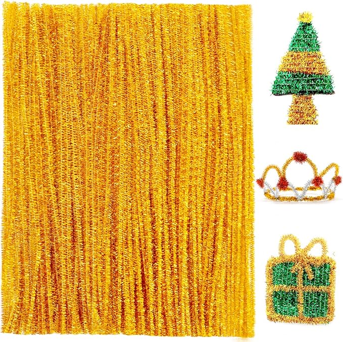 Praisebank Pipe Cleaners for Crafts (200pcs in Golden Glitter), Glitter Pipe Cleaners, 12 inch Long Pipe Cleaners, Christmas Pipe Cleaners.