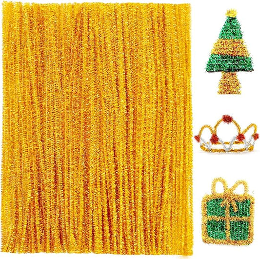 Praisebank Pipe Cleaners for Crafts (200pcs in Golden Glitter), Glitter Pipe Cleaners, 12 inch Long Pipe Cleaners, Christmas Pipe Cleaners.