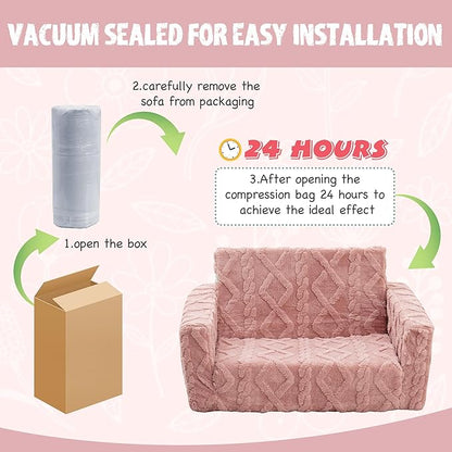 Kids Sofa, Toddler Chair, 2-in-1 Flannel Kids Fold Out Couch, Toddler Convertible Sofa to Lounger, Flip Open Toddler Couch for Kids (Pink)