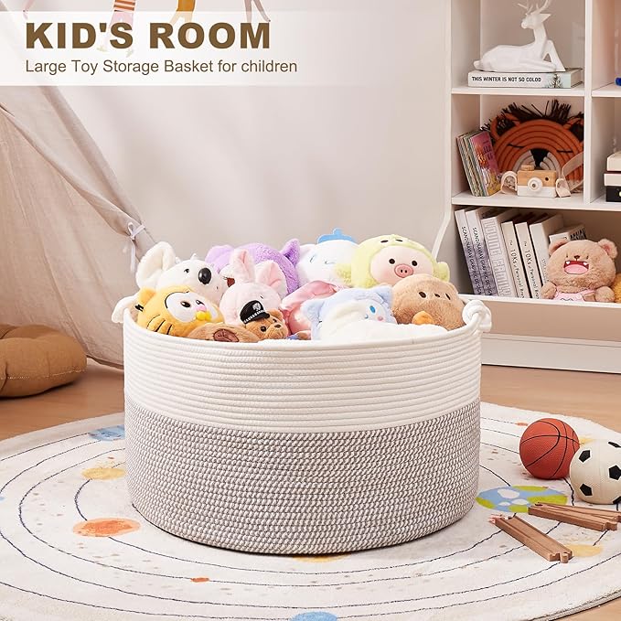 OIASKET Large Blanket Storage Basket for Living Room, 22.8" x 22.8" x 13" Woven Cotton Rope Basket with Handles, Baby Toy Storage, Laundry Hamper for Clothes, Pillows, Towels-Grey and White