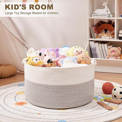 OIASKET Large Blanket Storage Basket for Living Room, 22.8" x 22.8" x 13" Woven Cotton Rope Basket with Handles, Baby Toy Storage, Laundry Hamper for Clothes, Pillows, Towels-Grey and White