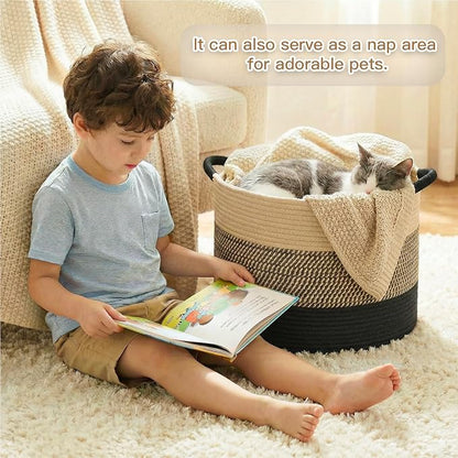 Artfeel 40L Large Cotton Rope Basket, Decorative Woven Blanket Storage for Living Room, Boho Toy Storage & Toy Box for Kids, Versatile Laundry Basket & Nursery Hamper for Blankets(BlackBrown)