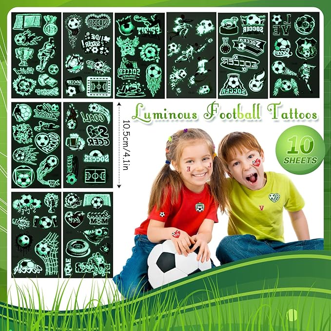 120 Pieces Sport Party Favors Set, Soccer Basketball Football Baseball Goodie Bag Fillers, Toy Whistle Silicone Bracelet Luminous Tattoo Sticker Keychain for Sports Party Supplies (Soccer Style)